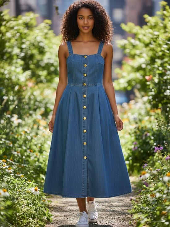Blu Pepper Dresses & Skirts - Blu Pepper Denim Midi Dress Square Neck Button Front Blue Sleeveless Size Medium